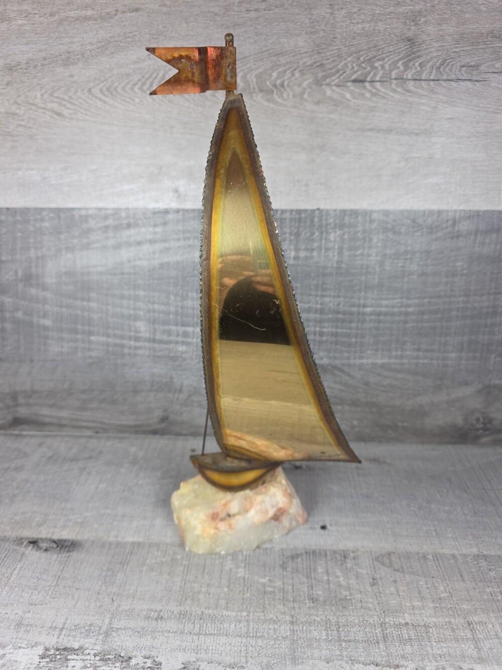 Vtg Brass Sailboat Quartz Base MCM Brutalist Sculpture Beach House 15" g30.23